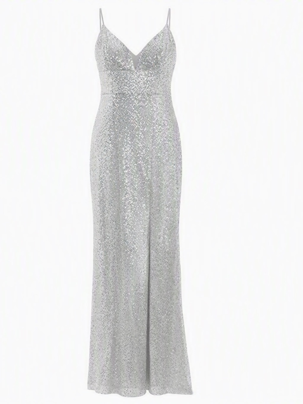 Silver Sequin Spaghetti Strap Evening Gown